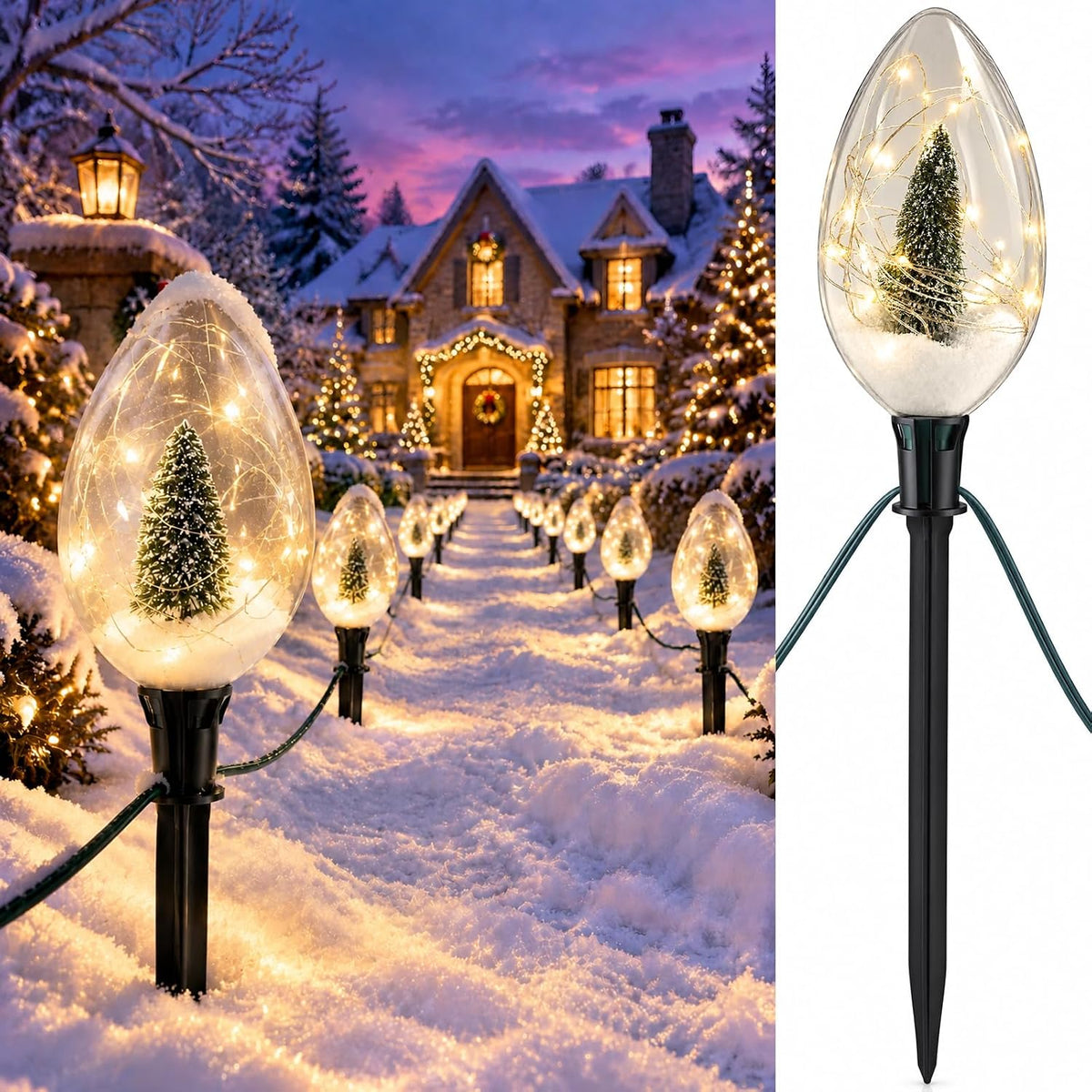 2-Pack Jumbo C70 Christmas Pathway Lights Outdoor, 24FT 12LED Waterproof Christmas Lights Decor with Stakes, Warm White Holiday Lighting with Xmas Tree & Snow Scene for Lawn Yard, Hangable/Plug-in