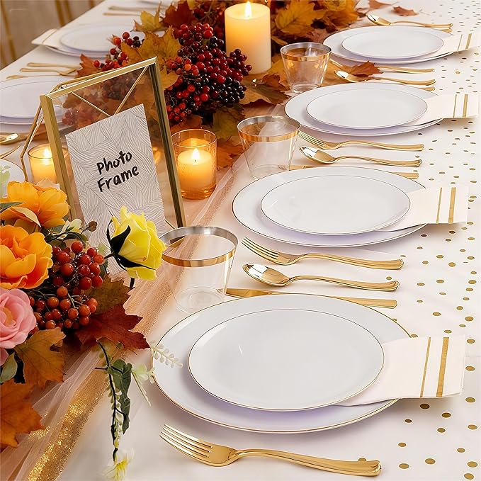 Festiva 176Pcs White and Gold Plastic Plates - White with Gold Rim Fall Dinnerware Set - 25Guest include Plates Cups Cutlery Napkins for Fall Party&Wedding& New Year&Thanksgiving (175PCS)
