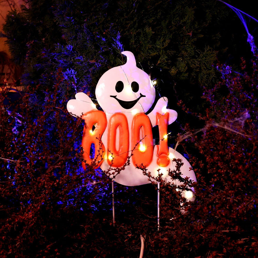 Haunted Hill Farm 2-Ft. White LED Boo Halloween Sign with Friendly Ghosts