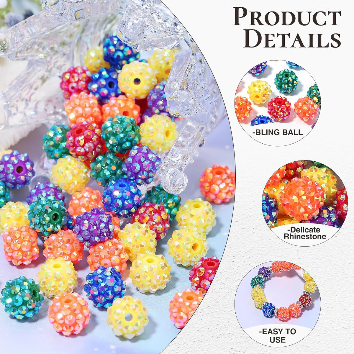 novani 240pcs 10mm rainbow rhinestone beads for jewelry, side view