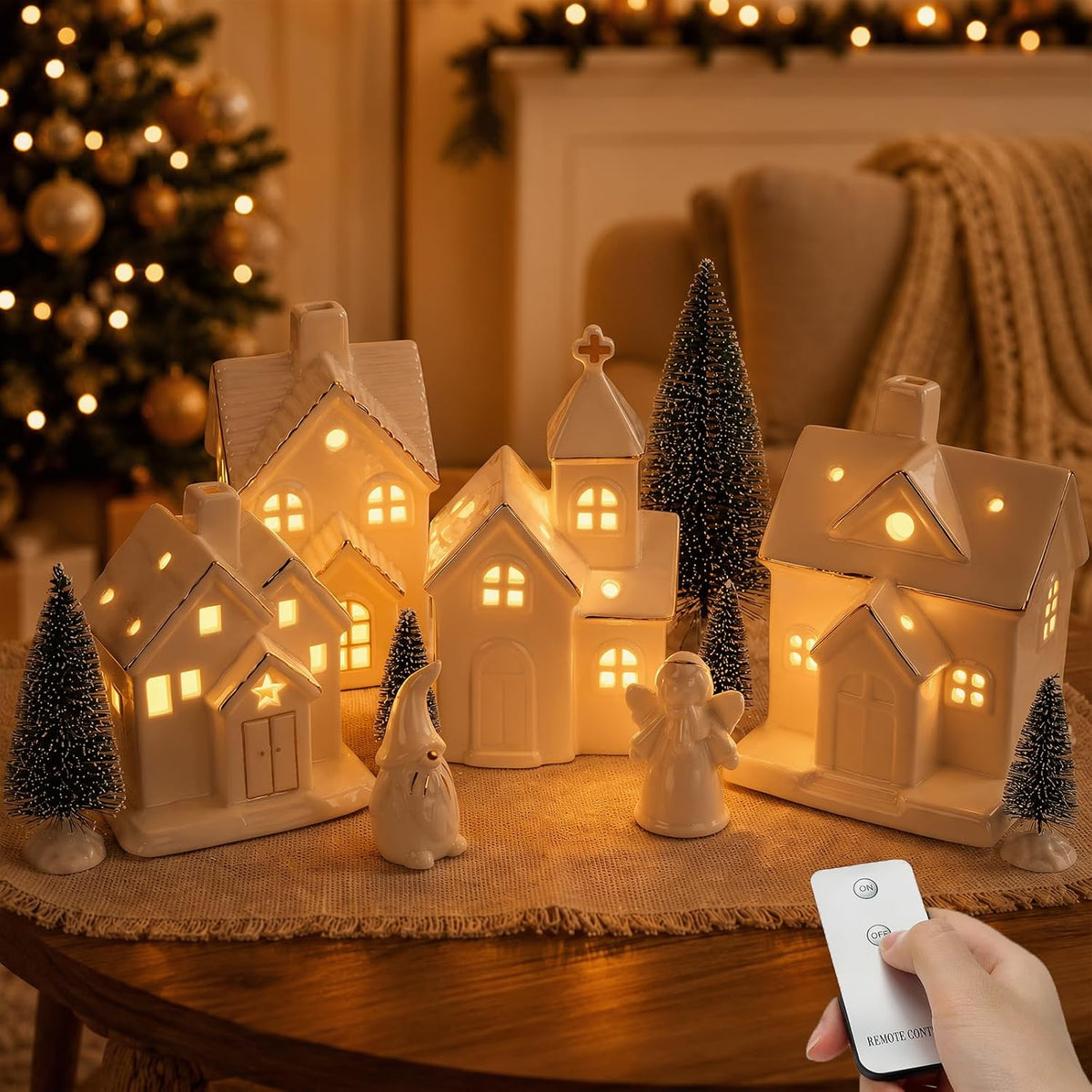 Christmas Village Sets,12 Pcs Christmas Village Houses with LED Light