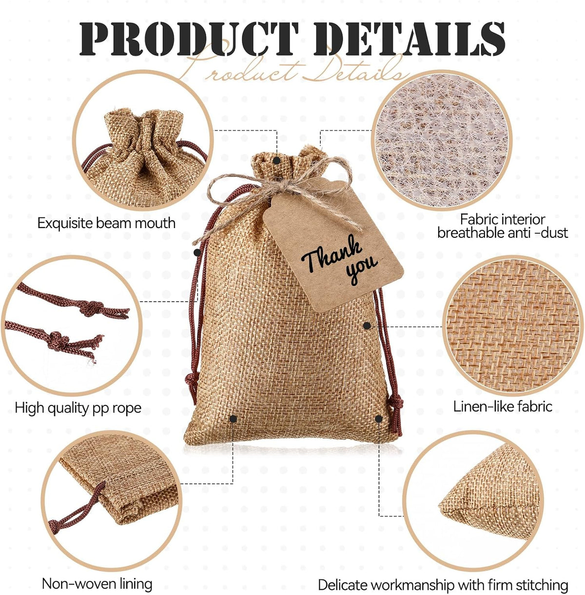 woanger 100 pcs drawstring burlap gift bags 4x6'', close-up detail