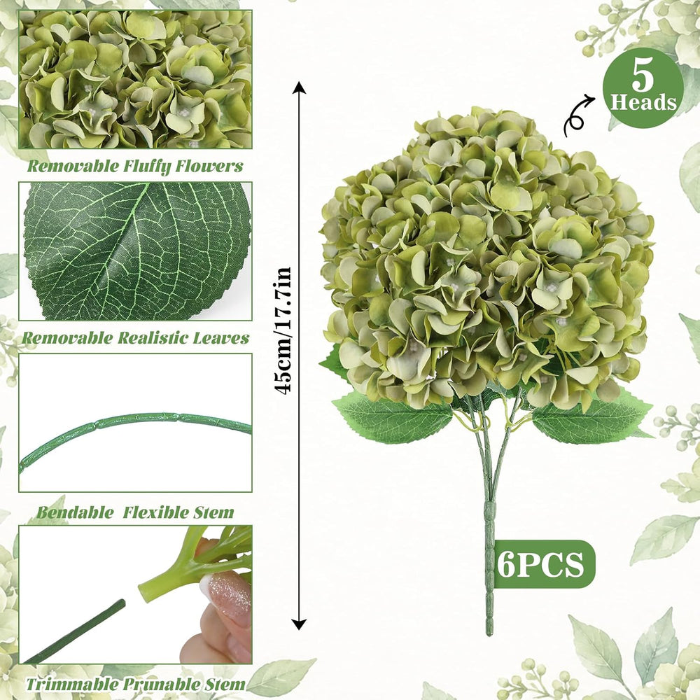 6 Packs Hydrangea Artificial Flowers Bulk, 30 Heads Faux Green Flowers