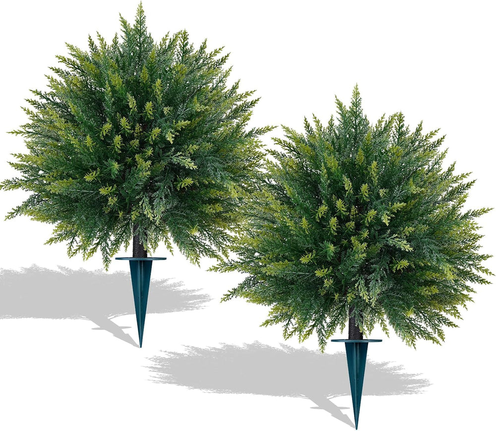 2 Pack Artificial Cedar Topiary Ball Trees with Ground Spike,23"