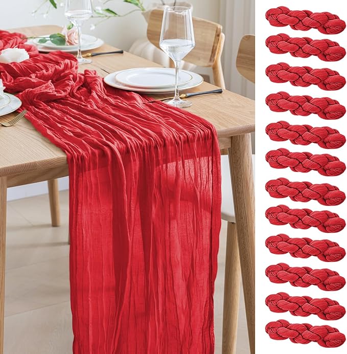 Asee'm 12PCS Fall Table Runner Cheesecloth 10FT Red Boho Gauze Fabric Rustic Sheer Cheese Cloth Runners for Thanksgiving Christmas Wedding Bridal Shower Party
