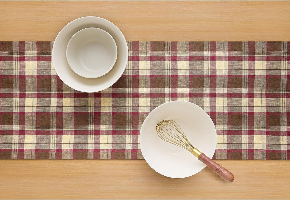 Solino Home 100% Linen Table Runner Multicolor, Rustic Plaid 14 x 72 in