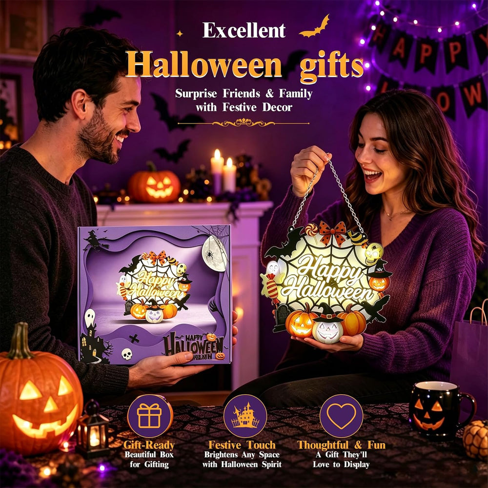 Happy Halloween Acrylic Hanging Sign for Front Door (Pumpkin Spider Light)
