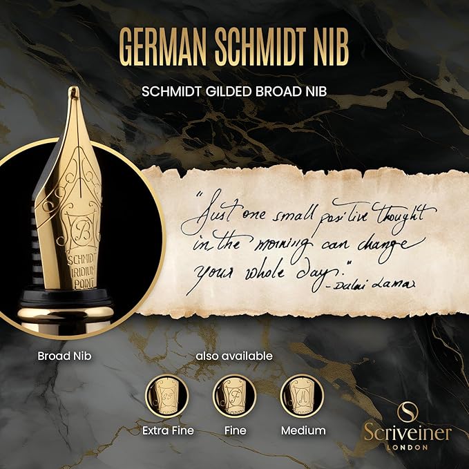 Scriveiner Black Lacquer Fountain Pen - Stunning Luxury Pen, Real Gold Finish, Schmidt Gilded Nib (Broad), Best Pen Gift Set for Men & Women, Professional, Executive, Office, Nice Pens