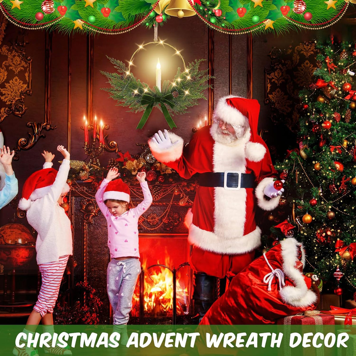Aurelema 4 Set Christmas Wreath with LED Candles 13'', Bow, Green