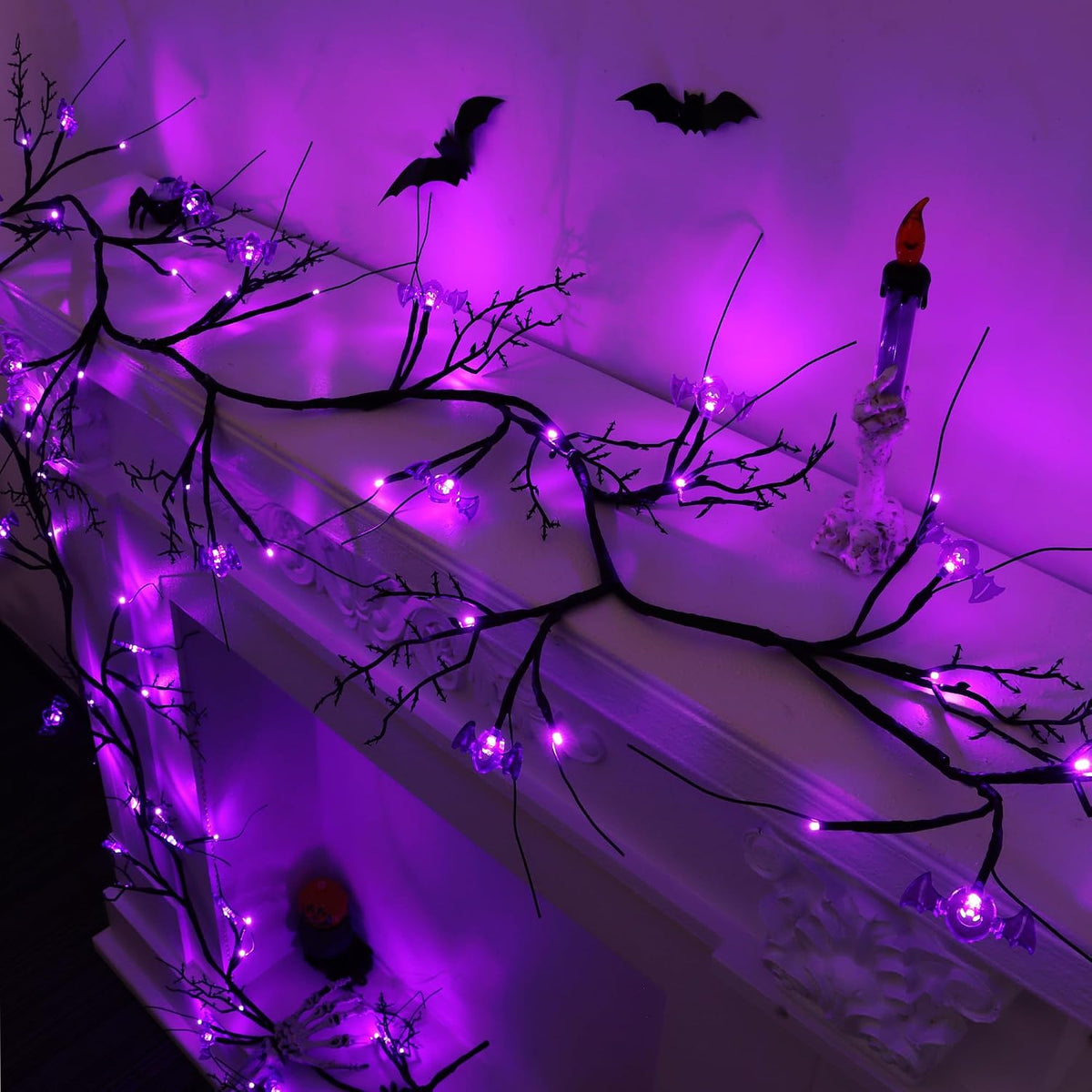 9FT 72 LED Willow Vine Twig Decor Black Halloween Garland with Bat & Purple LED Lights, 8 Modes Battery Operated Halloween Decorations Indoor for Mantle Fireplack Table Home Office Party Spooky Decor