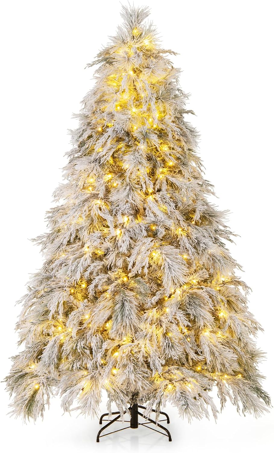 Goplus 7ft Pre-Lit Snow Flocked Christmas Tree, Artificial Hinged Full Xmas T...