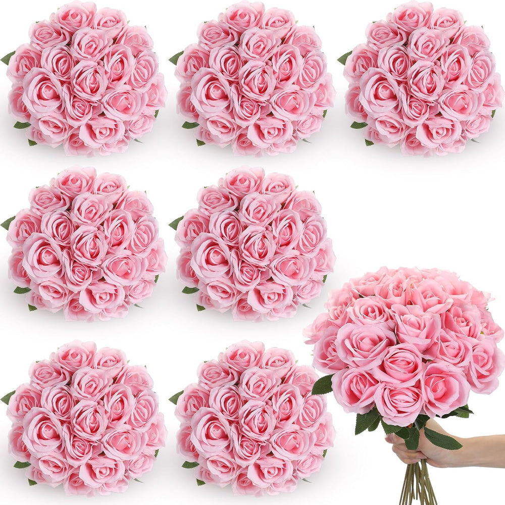 Lyrow 200 Pcs Artificial Roses Flowers Bulk, Fake Realistic Rose,Pink