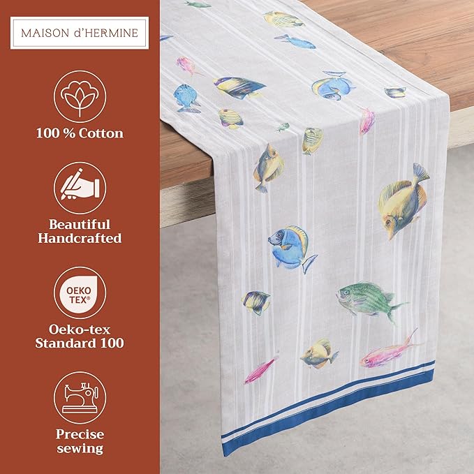 Maison d' Hermine Table Runner 100% Cotton Double Layer Table Runners 108 inches Long Decorative for Home Kitchen Dining Party Baby Shower Wedding Bridal Shower Spring Summer (Poisson, 14.50" x 108")