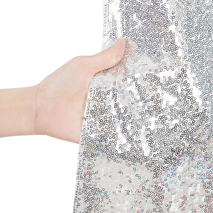 Poise3EHome 8Ft x 10Ft Silver Sequin Backdrop, Glitter Thick Satin Sequin Background Drapes, Sequence Xmas Thanksgiving Backdrop for Wedding Party Holiday Festival Decor