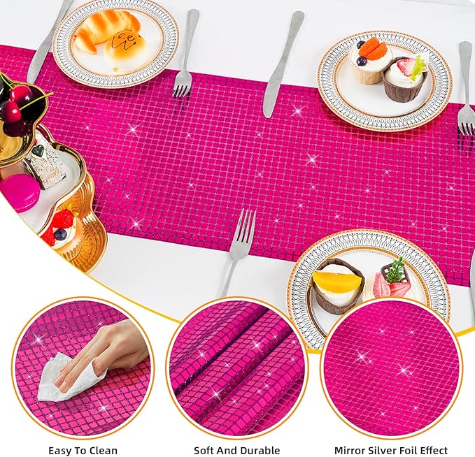 SquarePie Disco Table Runner 6 Pack - Hot Pink Mirror Sequin Glitter Foil Runner for Disco Party Decor Retro 70s 80s Theme, Bachelorette Birthday Dance Decoration 12x108 Inch (2 Pack)