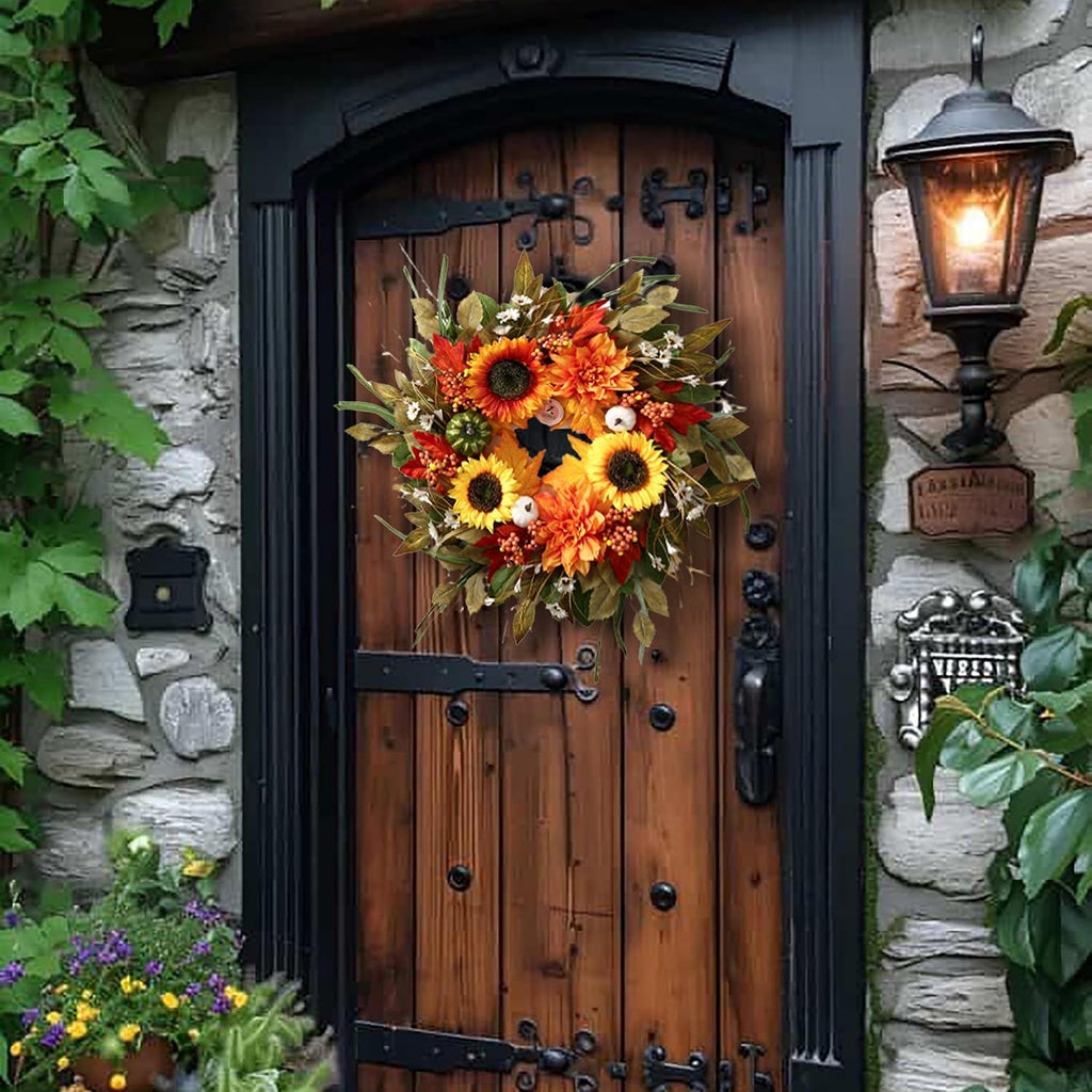 24'' sunflower fall wreaths for front door, fall, side view