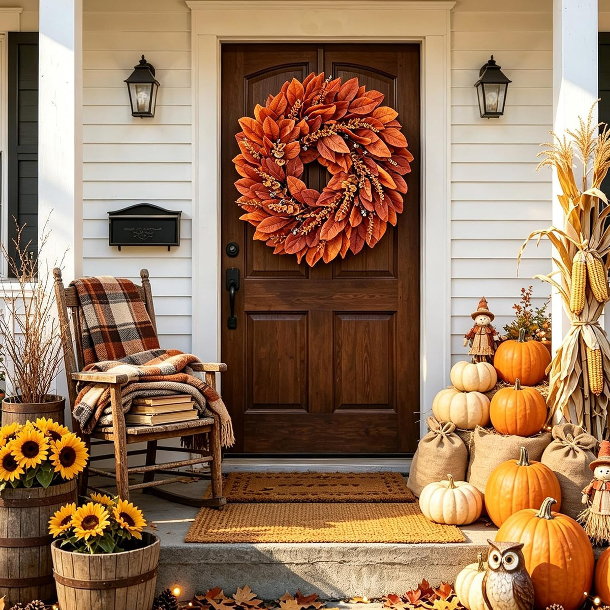Large Artificial Magnolia Leaves Fall Wreath for Front Door Outside Decor
