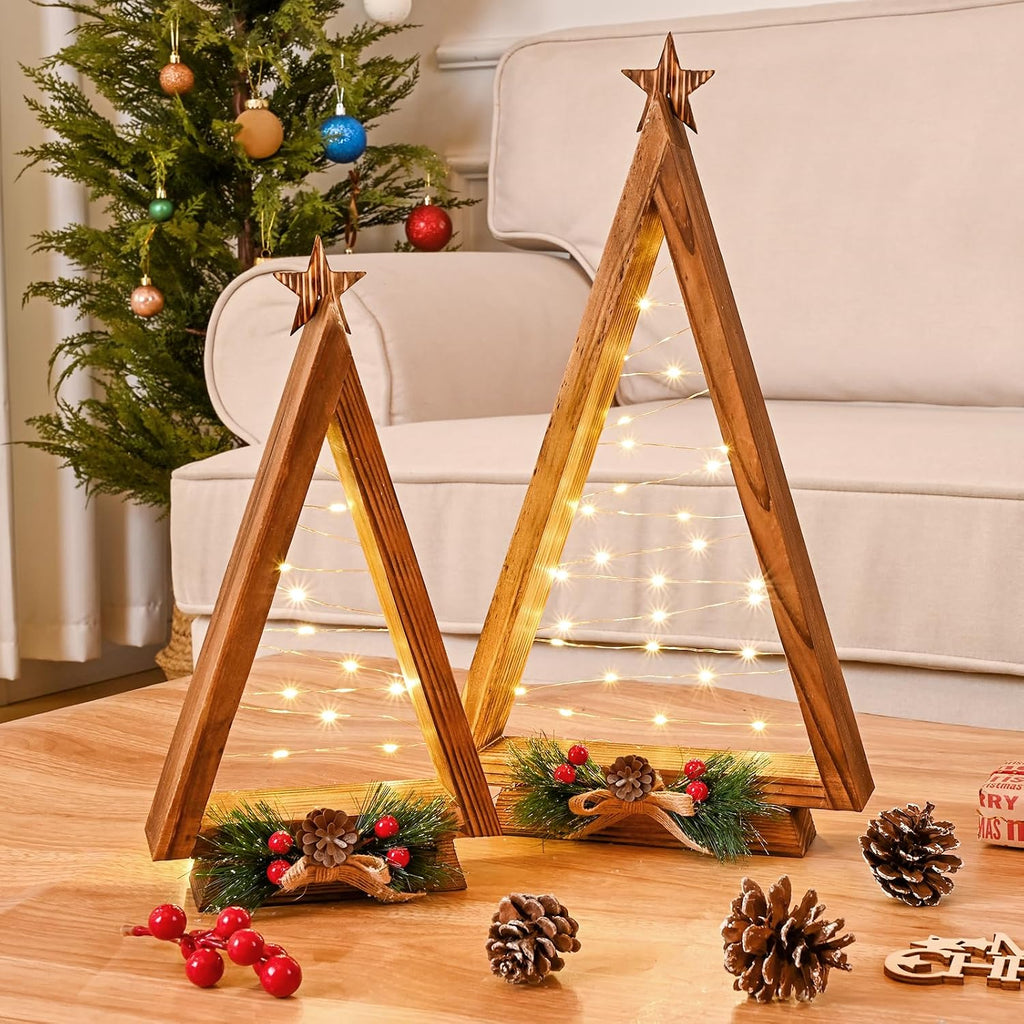 2 Pcs Triangle Tabletop Wooden Christmas Tree with Lights, Modern Farmhouse Rustic Christmas Decor, Small Lighted Xmas Tree for Kitchen Mantle Shelf Living Room(14.2" Large / 11" Small)