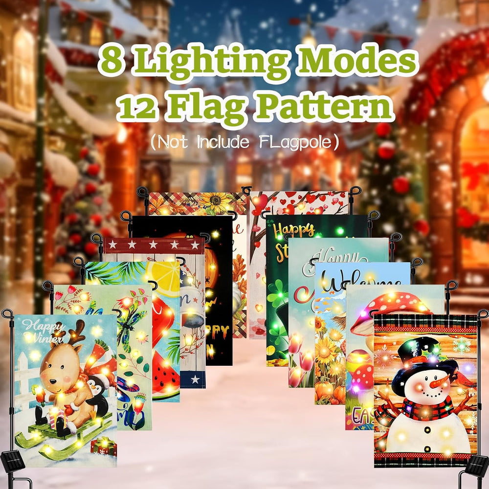 Seasonal Garden Flags Set of 12, Lighted Solar, 12x18 In