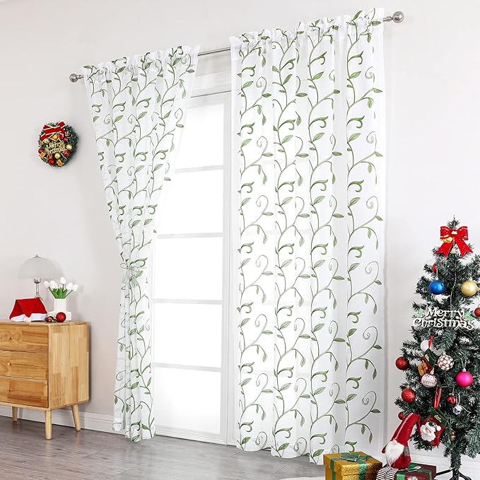 VISIONTEX Embroidered Green Sheer Voile Curtains, Leaves Embroidery Faux Linen Rod Pocket Window Drapes for Living Room and Girls Bedroom 54 x 84 Inch, Set of 2 Curtain Panels