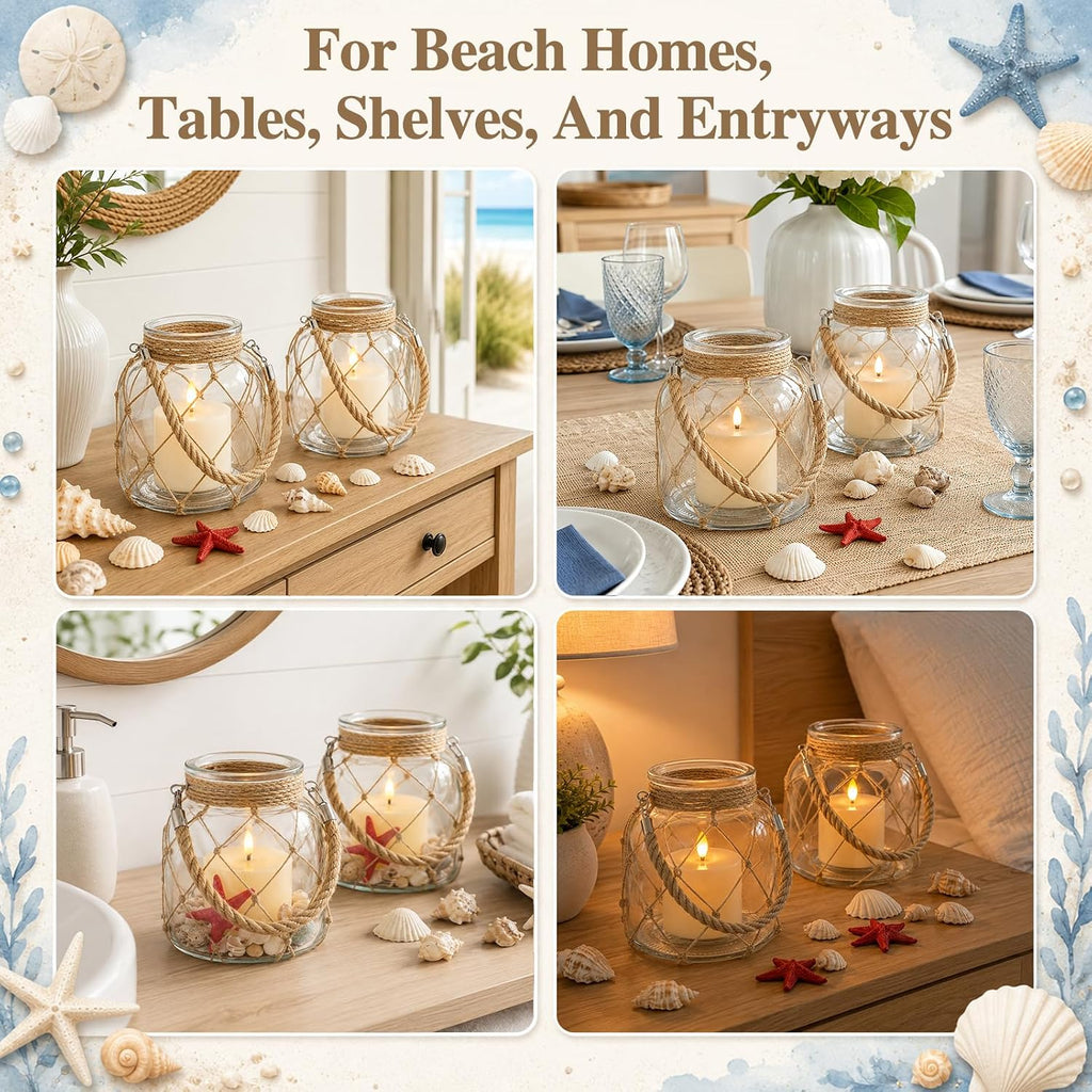 2 Set of Nautical Candle Lanterns, Clear Glass Jar Coastal Decor with Rope Handle, LED Candles, Shells, Red Sea Star for Beach House Decor, Bathroom Table Centerpiece, Wedding Party