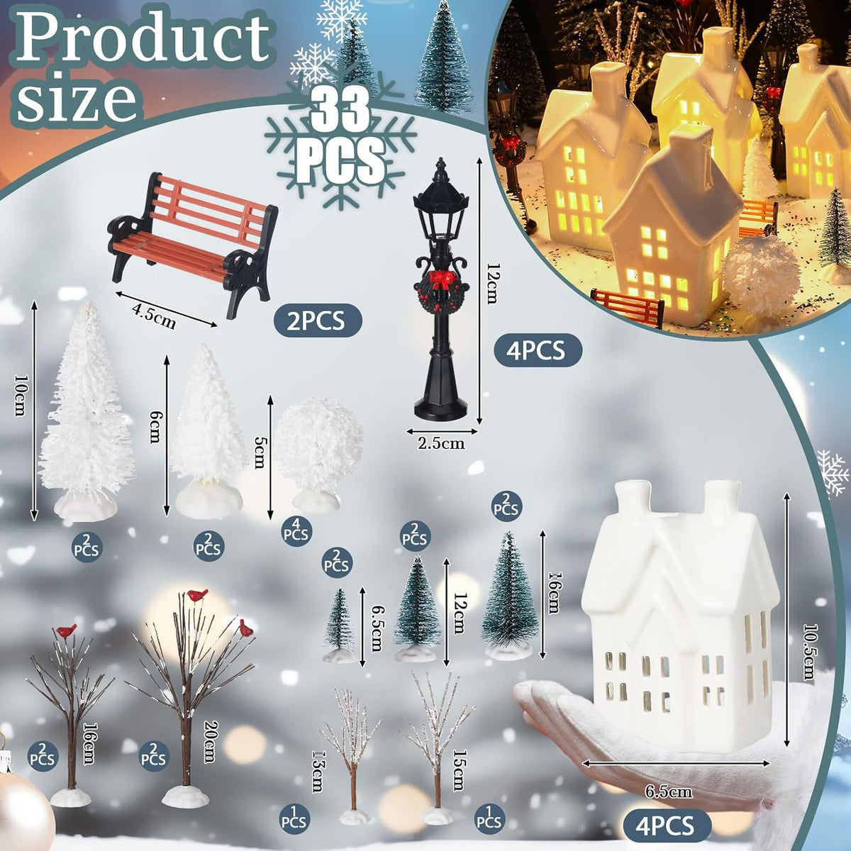 33 Pcs Ceramic Christmas Village Sets with LED Light Winter Village Decor