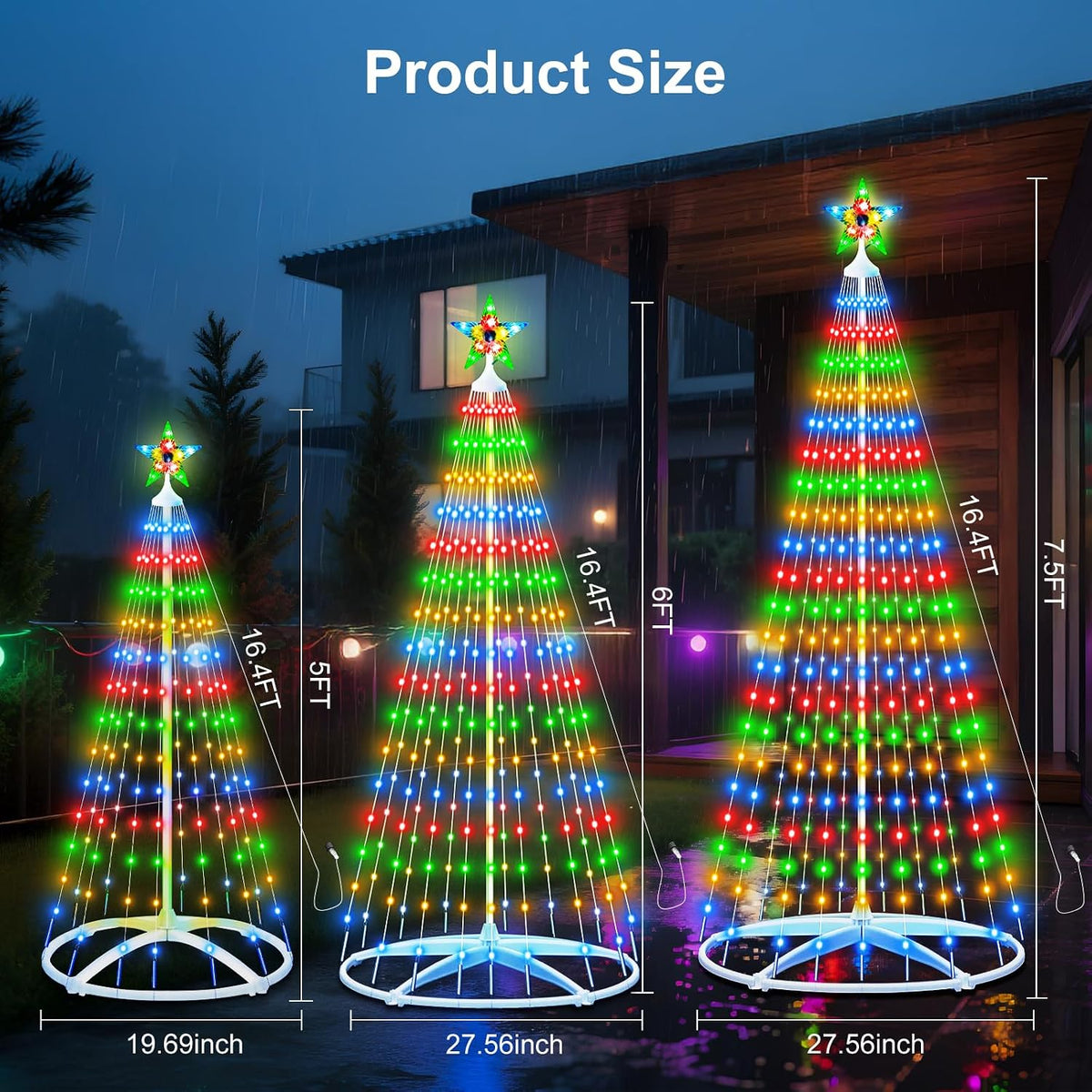 outdoor lighted christmas trees with remote control, close-up detail