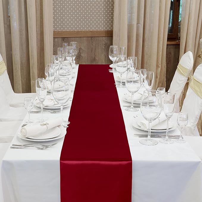 Aneco 16 Pack Satin Table Runner 12 x 108 Inch Burgundy Long Wedding Satin Silk Table Runner for Wedding Banquet Graduations Birthday Party Decoration