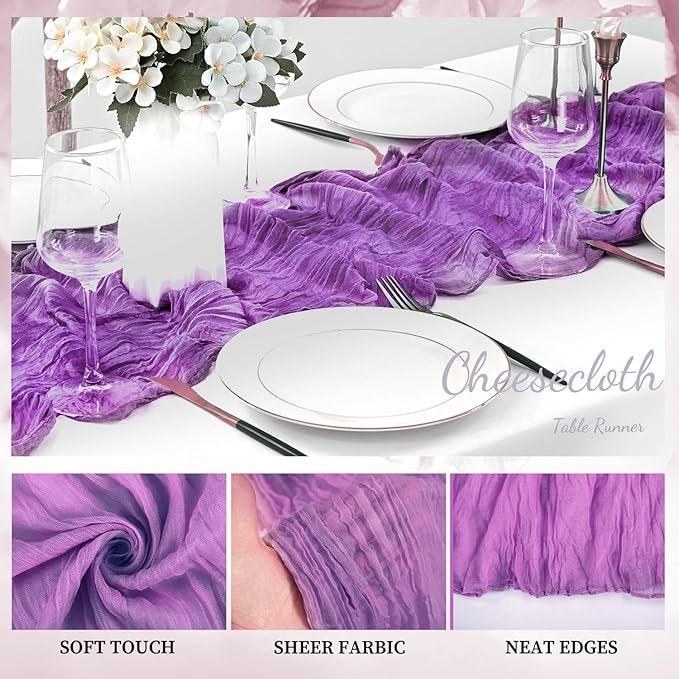 12 Pack Purple Cheesecloth Table Runner 10FT Boho Fabric Rustic Cheese Cloth Table Runner for Wedding Bridal Shower Baby Shower Gauze Sheer Birthday Party Table Decorations 20 x 120 Inch Long
