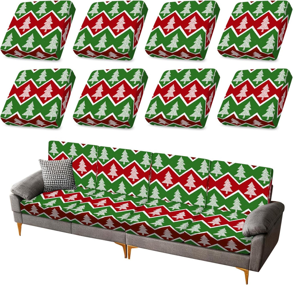 ANNA QUEEN 8Pcs Christmas Tree Zigzag Sofa Printed Couch Cushion Covers – Washable Stretchy Replacement Furniture Protector, Non-Slip Couch Cushion Cover Sofa Covers for Holiday Home Décor