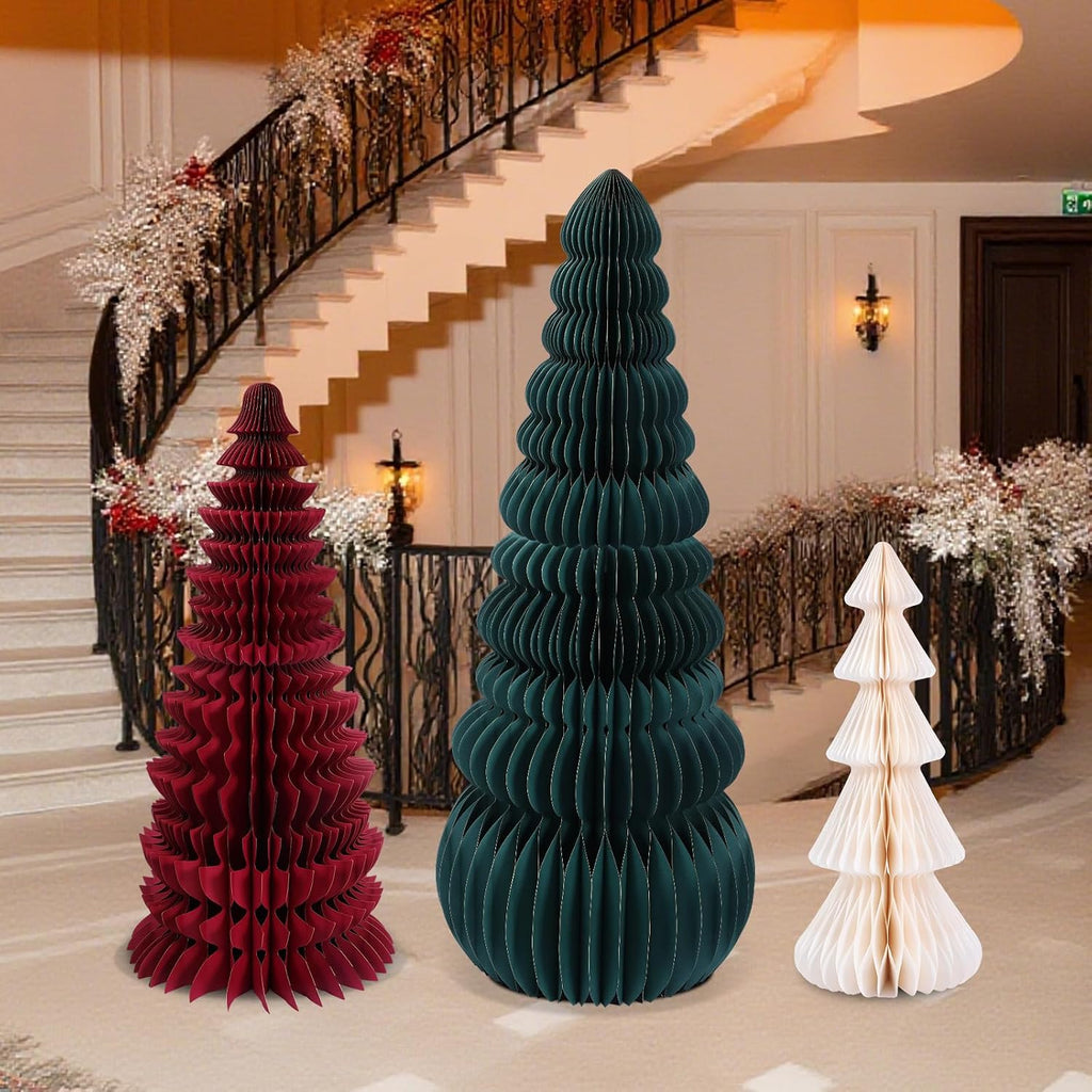 large honeycomb christmas tree,classic,green, red, white showing dimensions