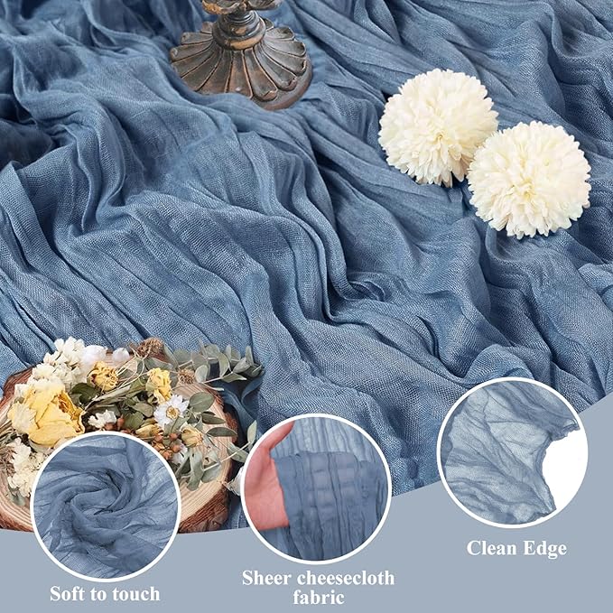 Asee'm 6pcs Cheesecloth Table Runner 120 Inches Long Dusty Blue Boho Gauze Cheese Cloth Runner 10FT Rustic Sheer Table Runners for Christmas Wedding Party Baby Shower Spring Easter Decoration