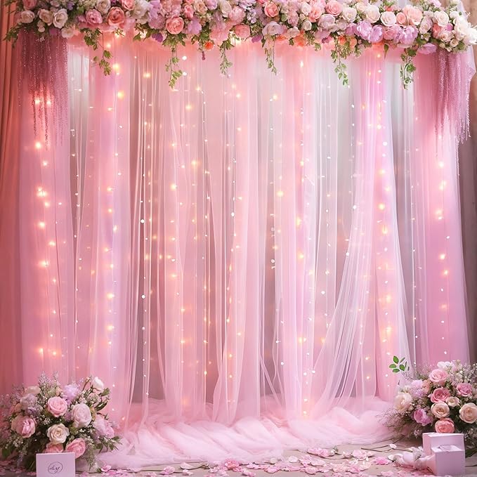 20ft x 10ft Pink Tulle Photo Backdrop Curtain with Lights String for Baby Shower Sheer Baby Pink Curtain Backdrop for Birthday Party Wedding Photo Booth Photography Background Decorations