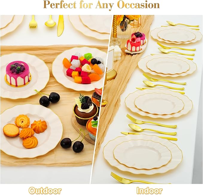 60Pcs Heavy Weight Ivory Plastic Plates with Gold Trim, Heavy Duty Wedding Plates, Elegant Disposable Plate Sets include 30 10" Dinner & 30 7" Dessert Plates for Party & Wedding(30 Guests)
