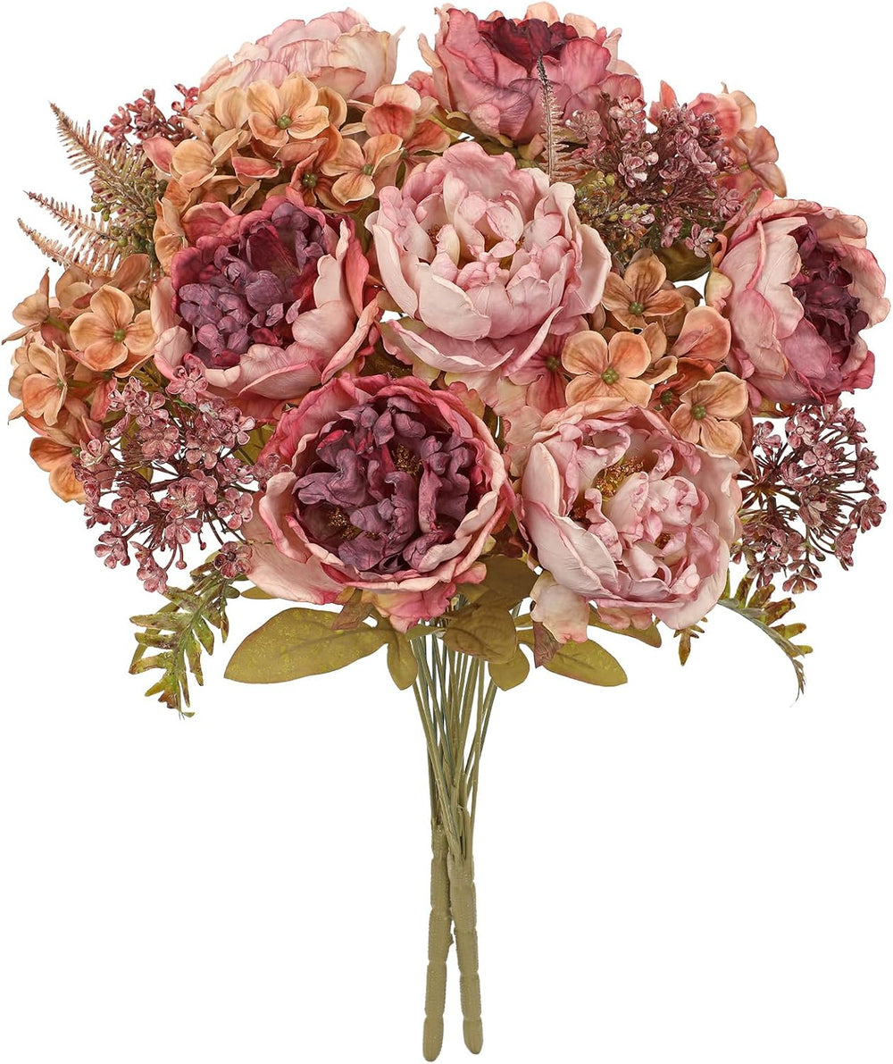 Hollyone 2Pcs Artificial Fall Flowers Bouquet 18.8" Pink Dried Peony Hyd...