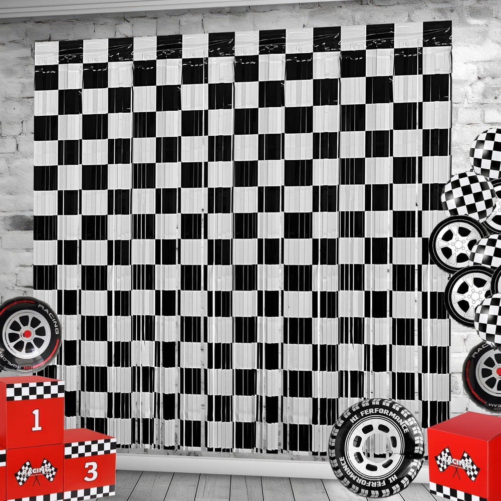 Race Car Foil Fringe Curtains Backdrop Birthday Party Decorations, 6 Pack