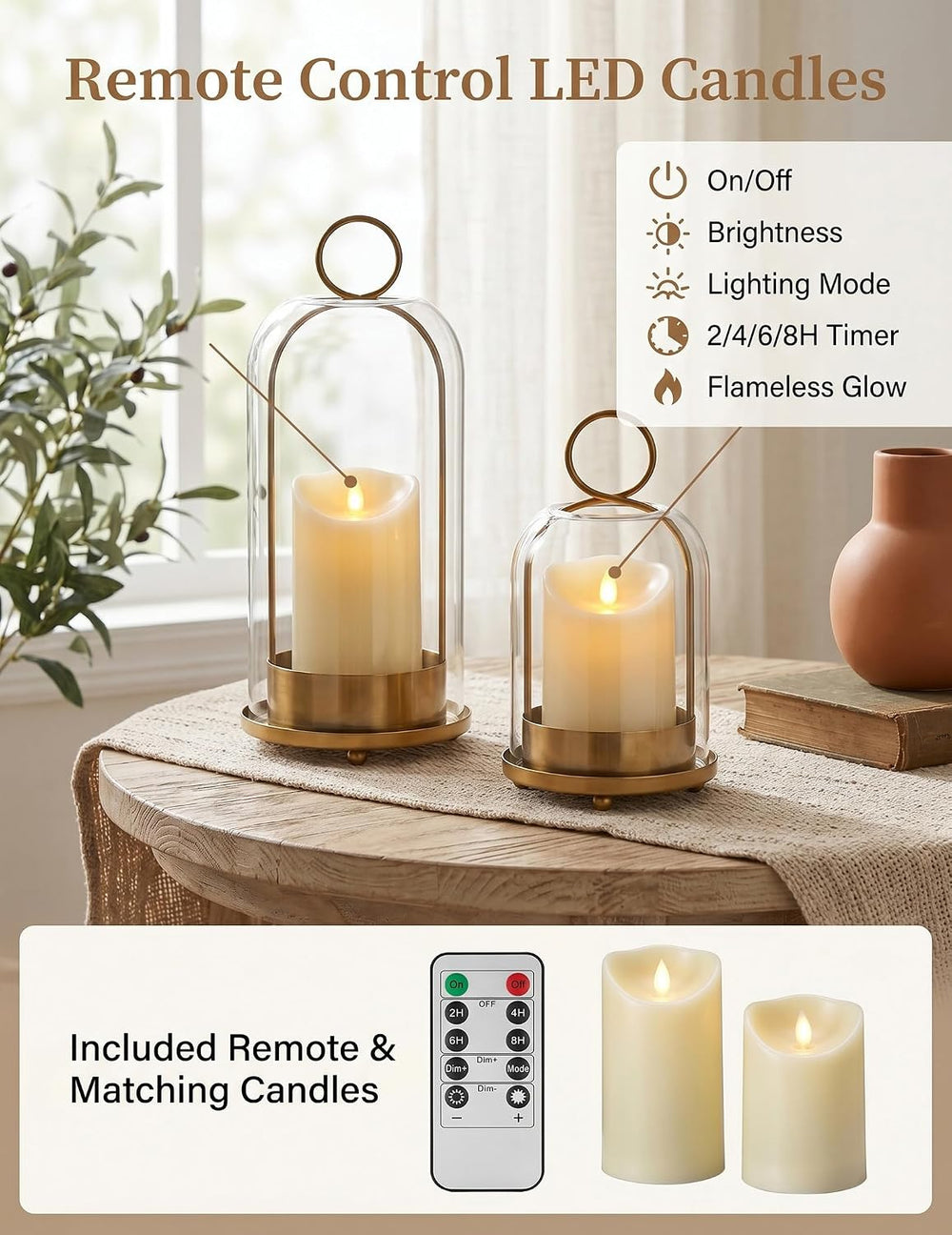 Brass Candle Holder Set of 2, Hurricane Glass Candle Holders with Flameless C...