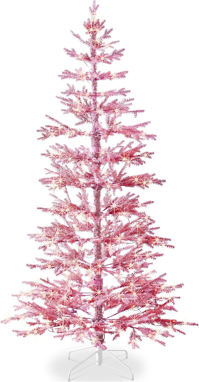 Best Choice Products Pre-Lit Sparse Christmas Tree 4.5ft Artificial Flocked Pine Holiday Décor Aspen Noble Fir White & Multicolor LED Lights- Pink