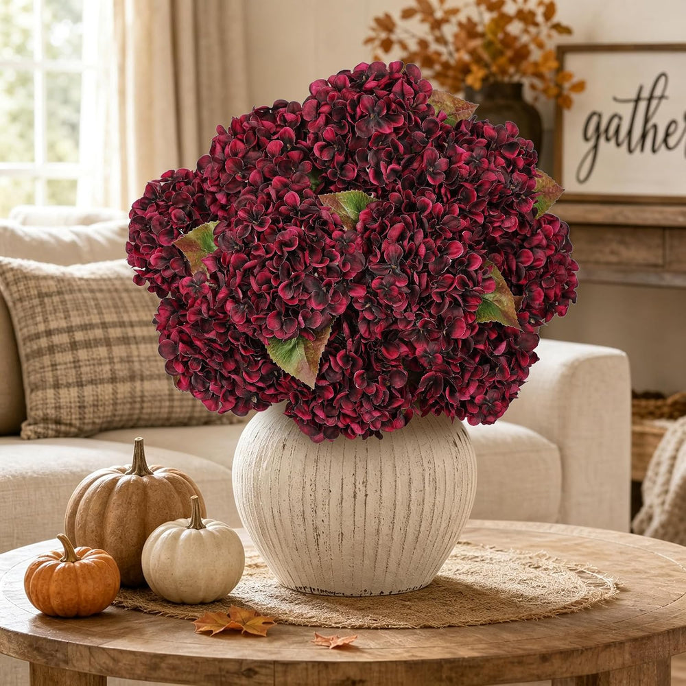 Hollyone Burgundy Hydrangea Artificial Flowers 2PCS Fake Fall Flowers Decor