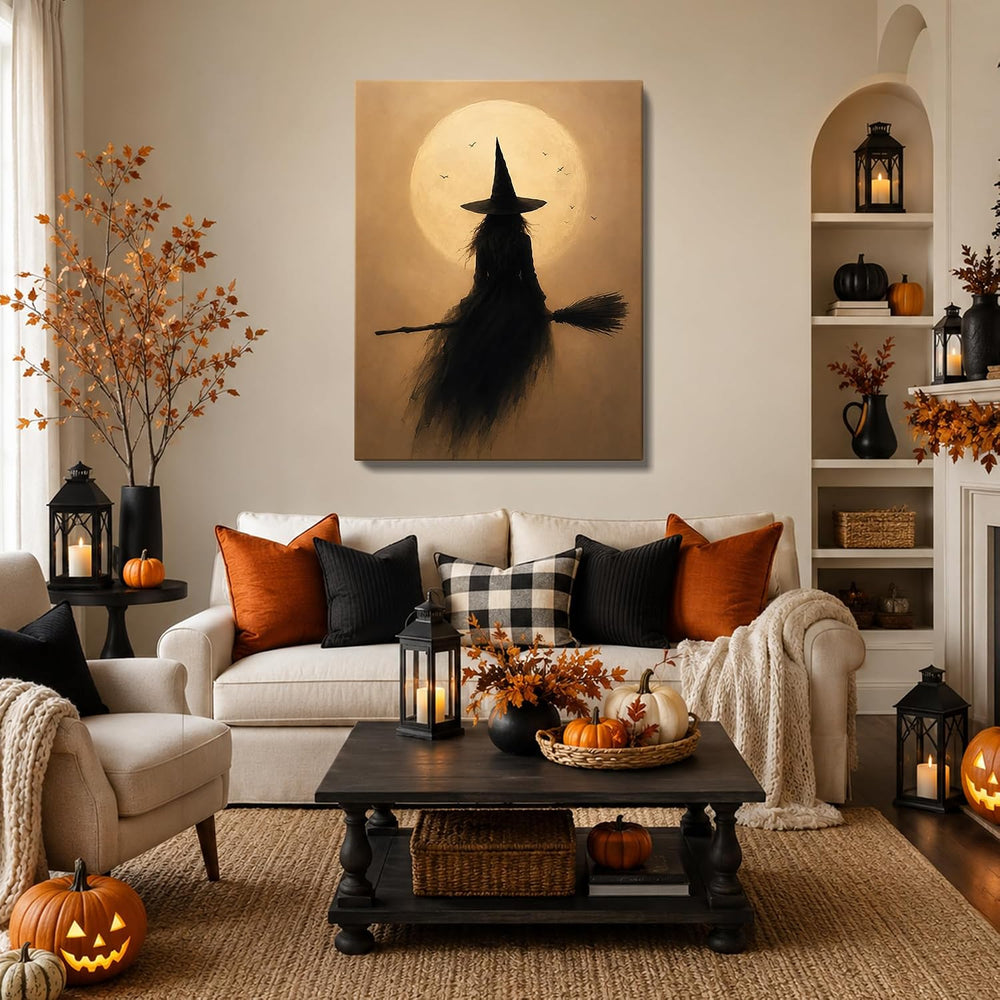 Halloween Canvas Wall Art, Witch on Broom Full Moon Halloween Pictures