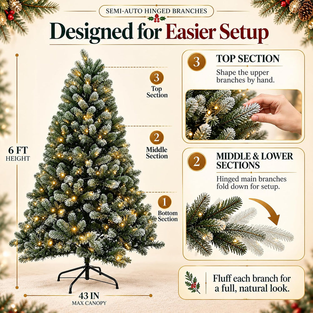 6FT Pre-Lit Frosted Artificial Christmas Tree with 250 Warm White LED Lights,...