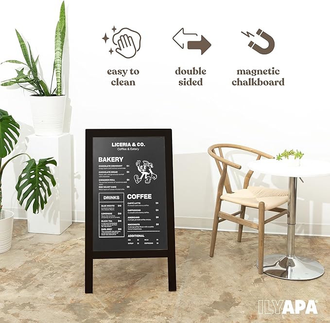 Ilyapa Wooden A-Frame Chalkboard Sign with Eraser, 40 x 20 Inch Magnetic Sidewalk Menu Board, Black Menu Display for Restaurant, Business, or Weddings