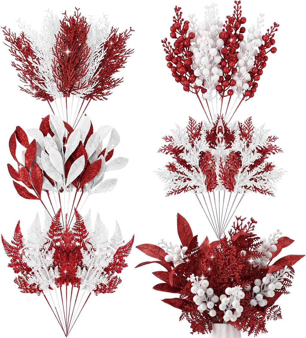 Moucuny 75pcs Christmas Glitter Picks, Artificial Stems, Red White