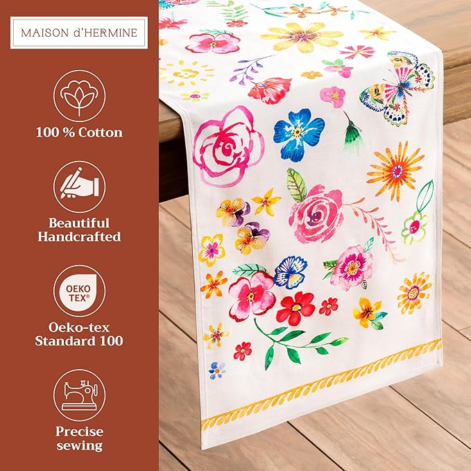 Maison d' Hermine Table Runner 100% Cotton Double Layer Table Runners 108 inches Long Decorative for Home Dining Party Wedding Bridal Shower Spring Summer (Happy Florals - Sweety, 14.50" x 108")
