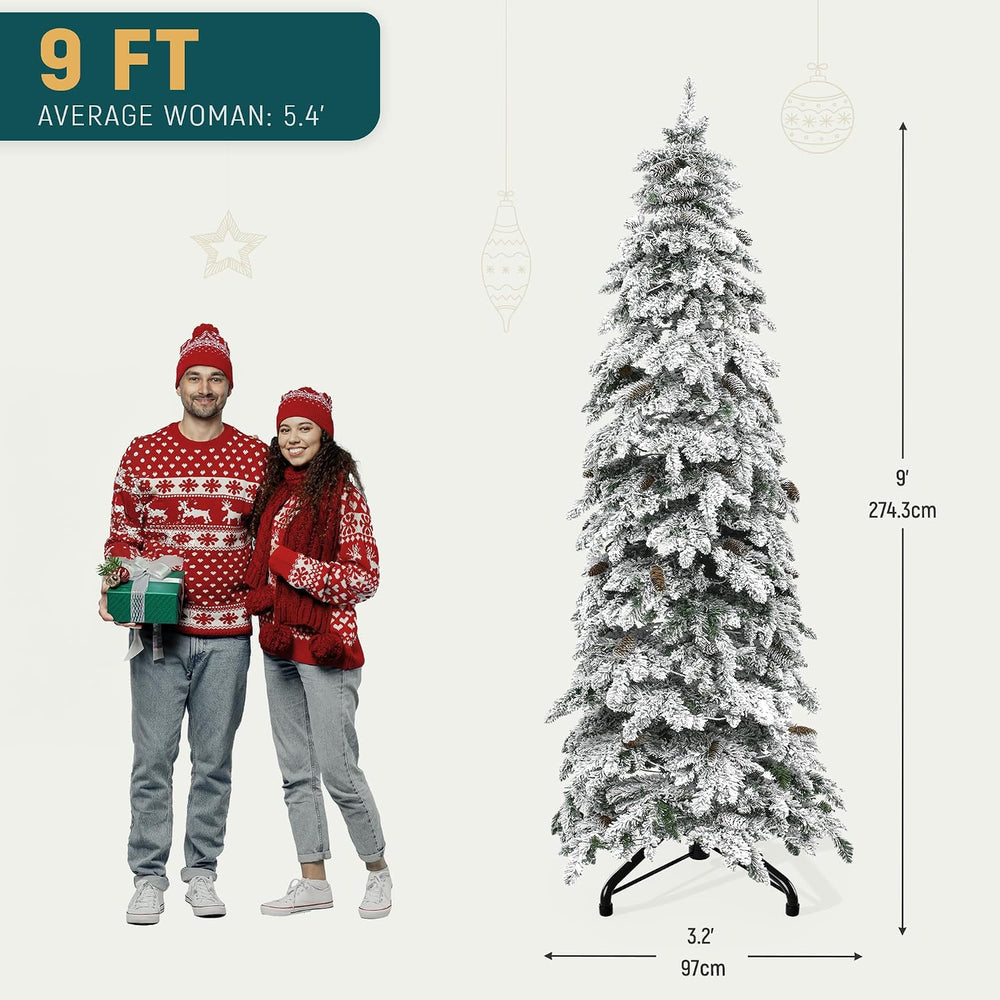 YITAHOME 9ft Prelit Flocked Drooping Pencil Christmas Tree with Pine Cone