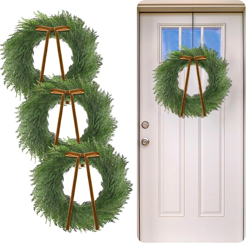 3 Pcs 20 Inch Christmas Cedar Wreath with Khaki Ribbon Bow