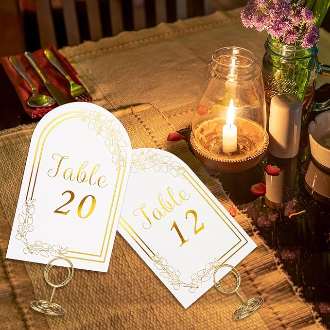 Wedding Table Numbers 1-40, 40 White Gold Cards with 40 Gold TableNumber Holders for Wedding Reception(Card and Holder) (Set of 40)