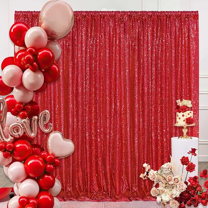 Red Sequin Backdrop Curtain 7ft x 7ft Background Drapes for Birthday Wedding Valentines Day Wall Decorations