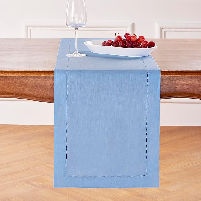 Solino Home Linen Cornflower Blue Table Runner 120 Inches Long - 100% Pure Linen Hemstitch 14 x 120 Inch Table Runner for Dining, Christmas, Holiday - Classic Hemstitch