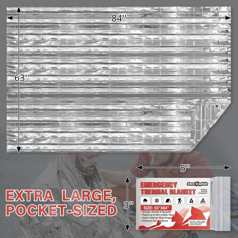 SecuCaptain Survival Emergency Thermal Blankets: 100 Pack Extra Large 84” x63...
